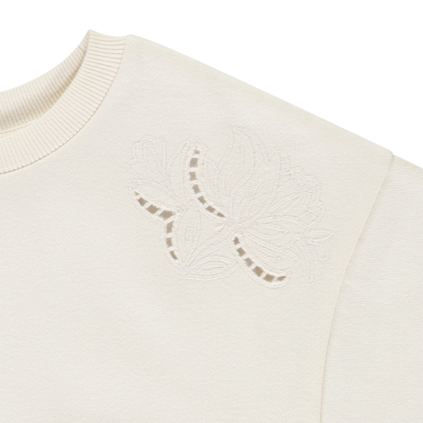 Sweat french terry court uni avec broderie anglaise pour fille  