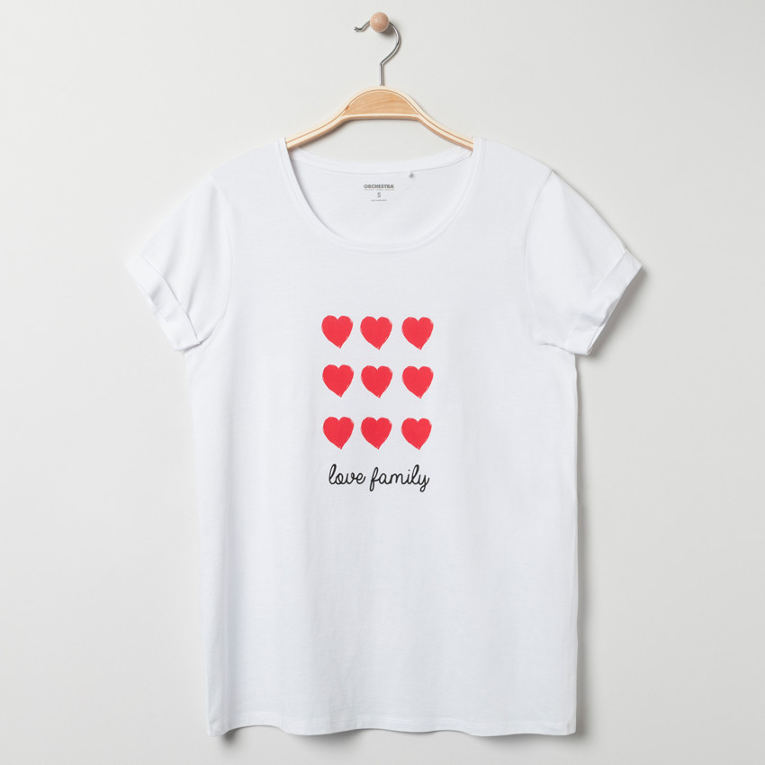 T-shirt manches courtes femme print coeurs et texte "Love Family" 