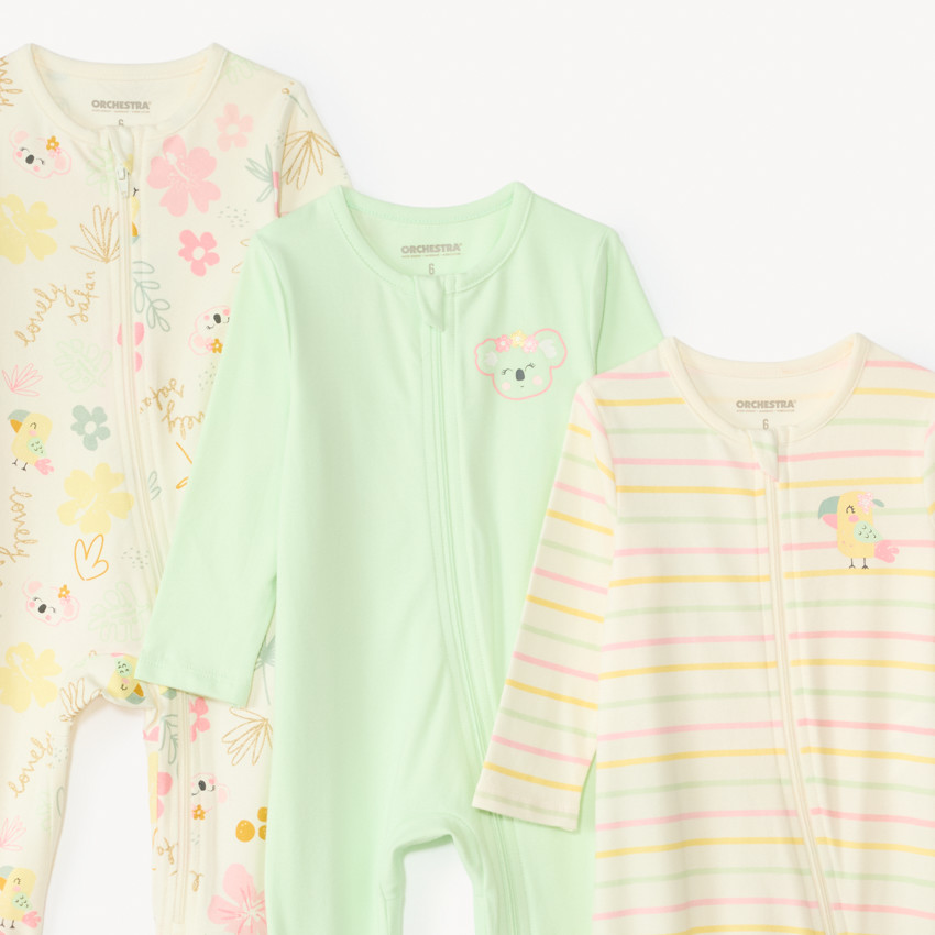 Lot de 3 dors-bien manches longues zippés devant motifs fantaisie pour bébé fille 