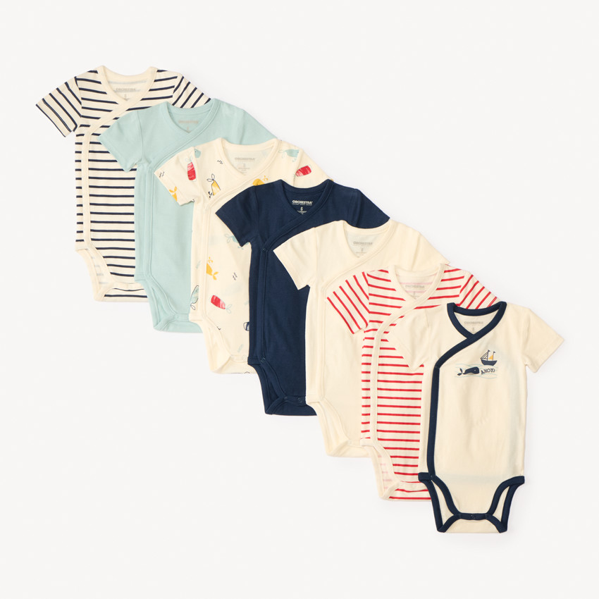 Lot de 7 bodies manches courtes motifs marins pour bébé garçon avec ouvertures différentes selon l'âge 
