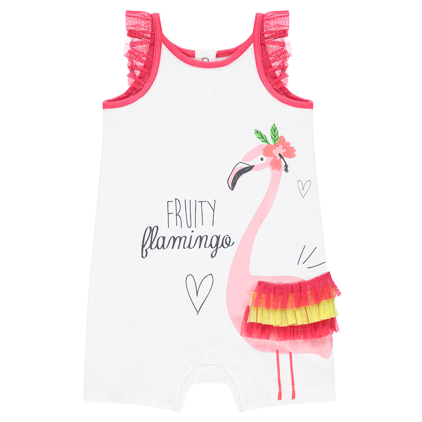 Combinaison courtes avec flamant rose printé et bretelles en tulle 