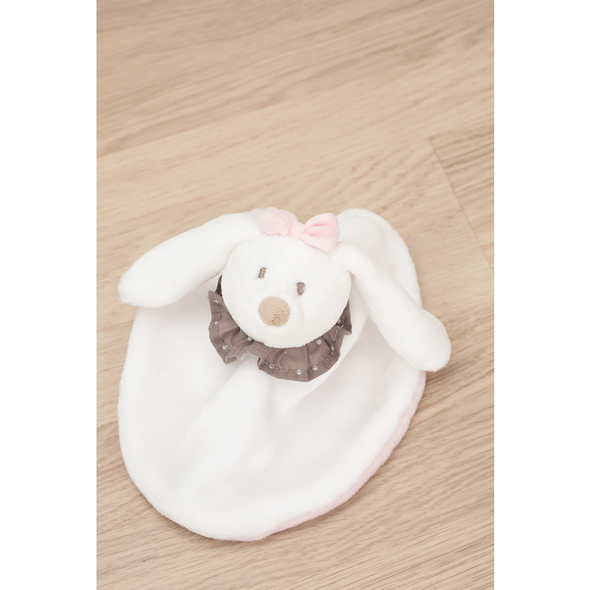Doudou lapin en sherpa avec collerette à pois 