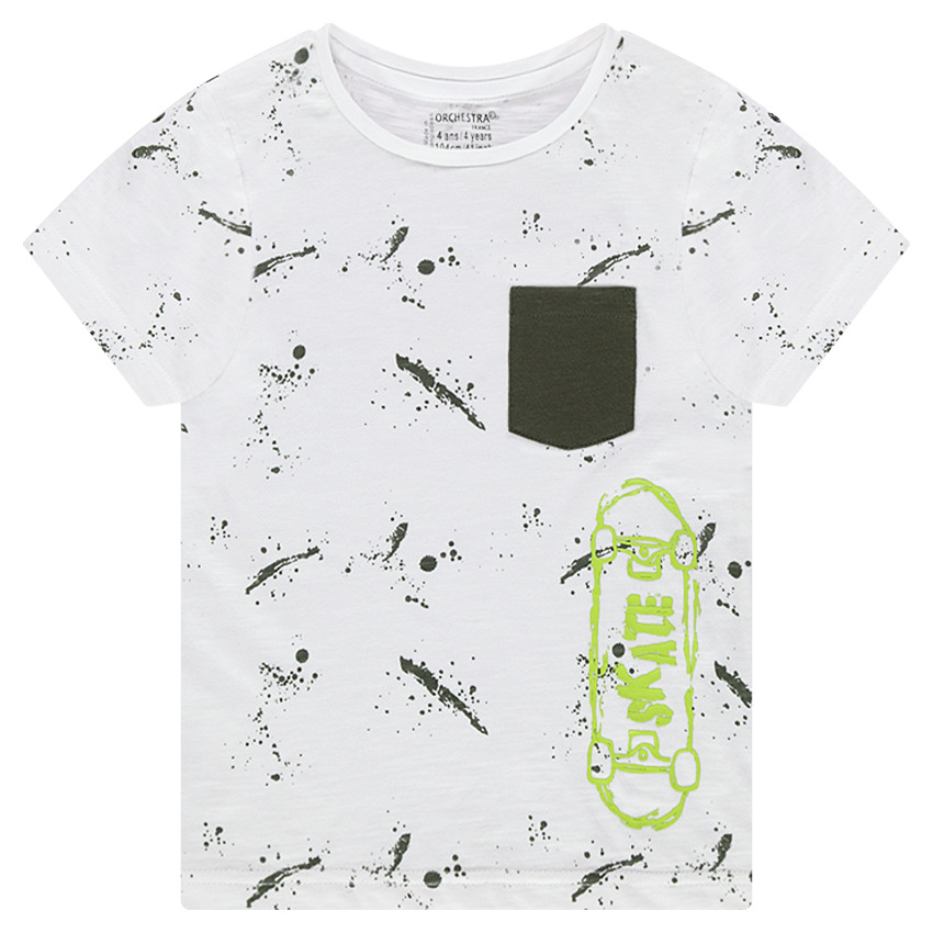 Tee-shirt manches courtes avec imprimé effet tâches et skate printé 
