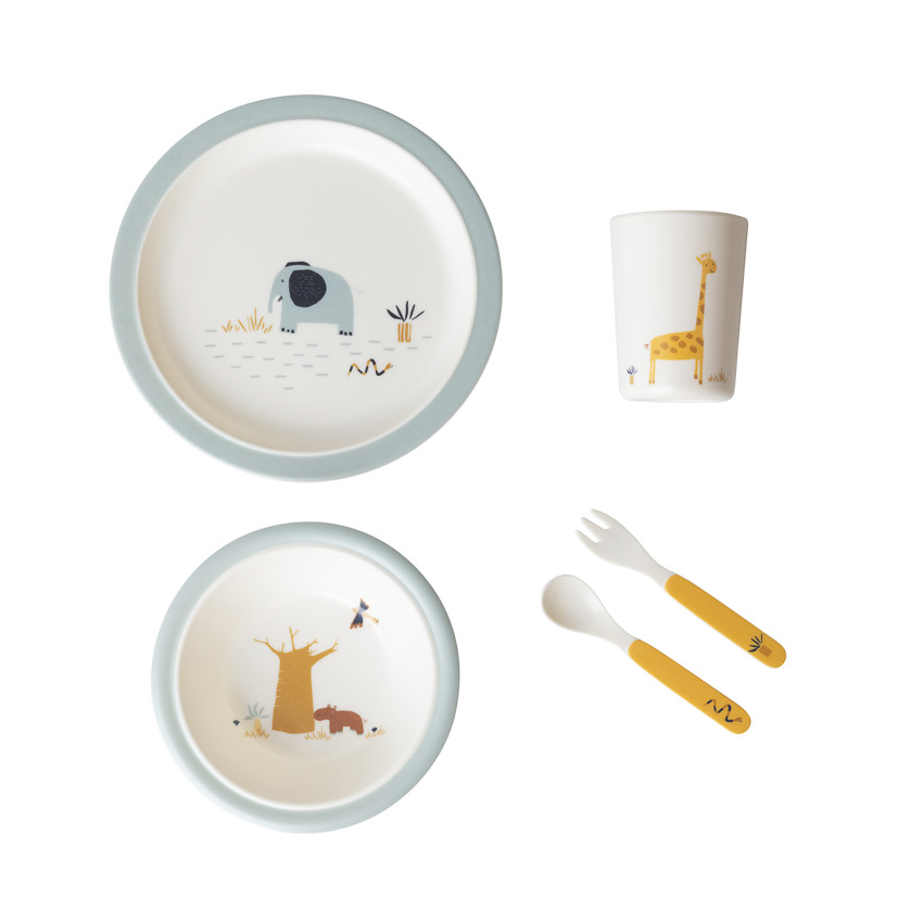 Set repas 5 pièces en mélamine Savane écru/bleu 