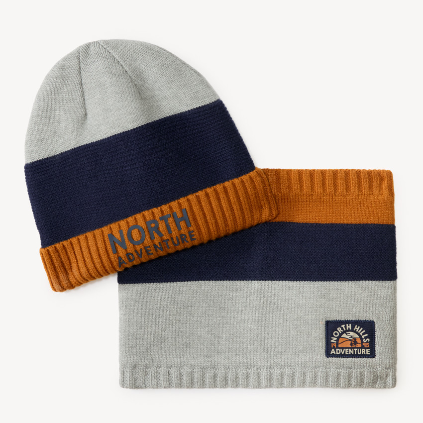 Ensemble bonnet et snood à larges bandes contrastées