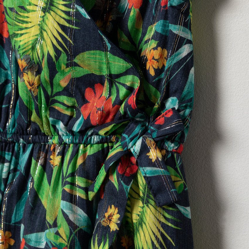 Robe à manches volantées et imprimé végétal légèrement brillant 