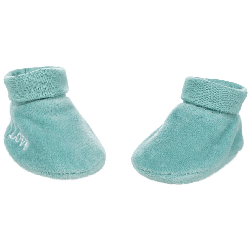 Chaussons en velours bleu à inscription brodée 