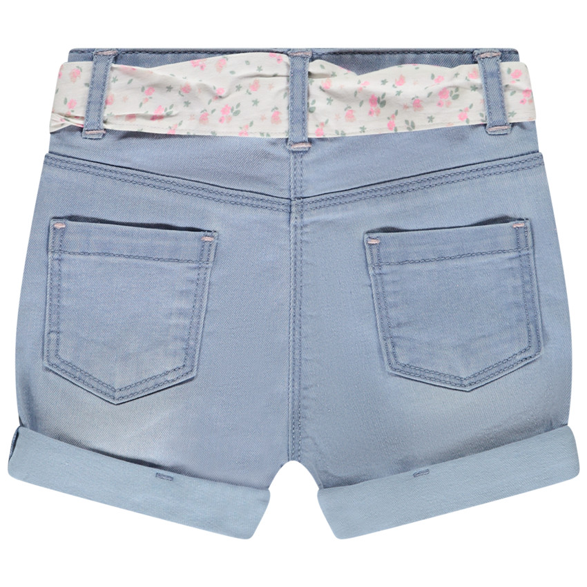 Short uni en denim avec broderie + ceinture à nouer pour bébé fille 