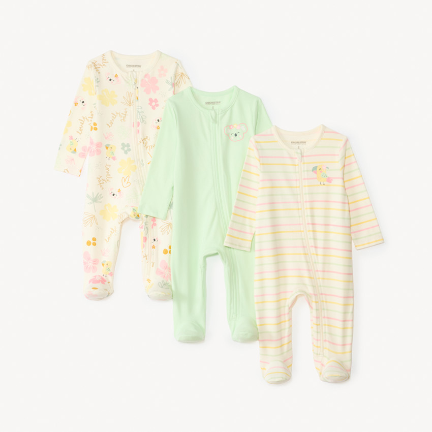 Lot de 3 dors-bien manches longues zippés devant motifs fantaisie pour bébé fille 