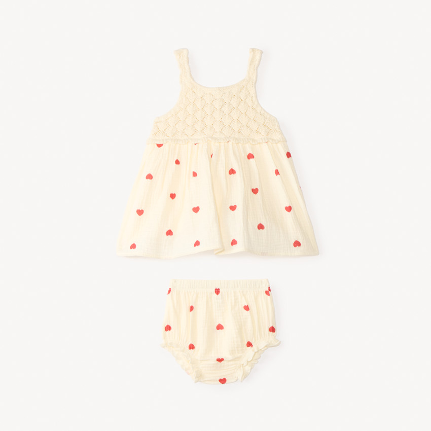 Ensemble 2 pièces débardeur + short bloomer en crochet et imprimé cœur pour bébé fille  