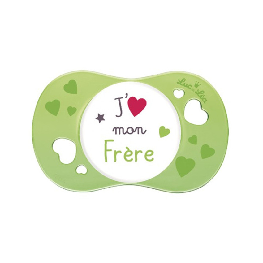 Sucette silicone symétrique - "J'aime ma soeur" ou  "J'aime mon frère" 