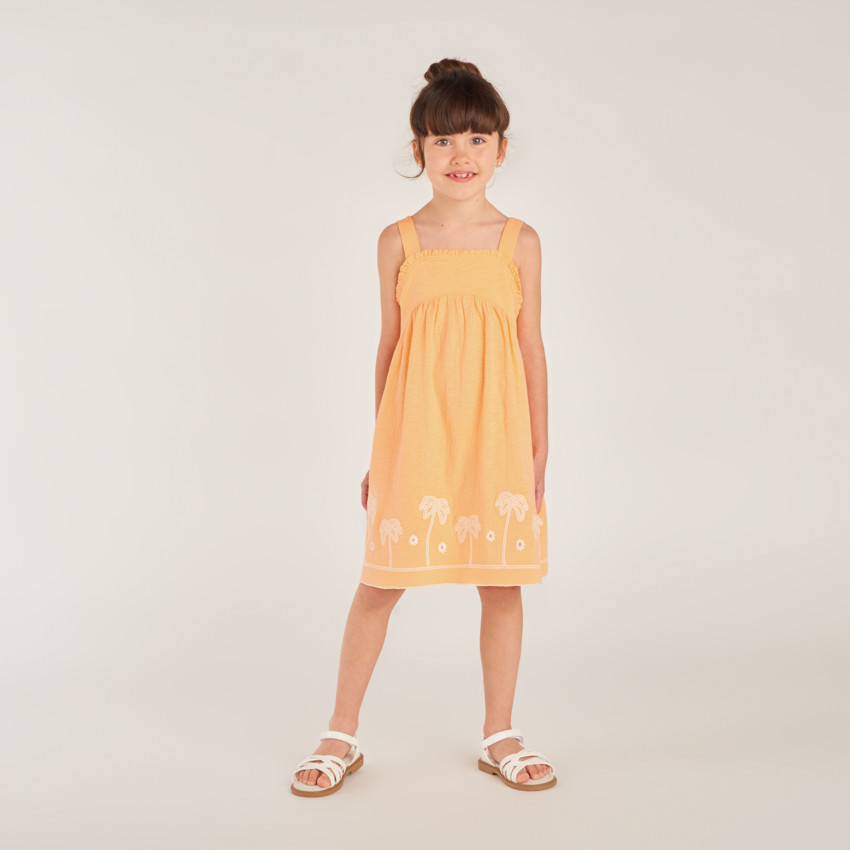 Robe à bretelles unie broderie palmier pour fille