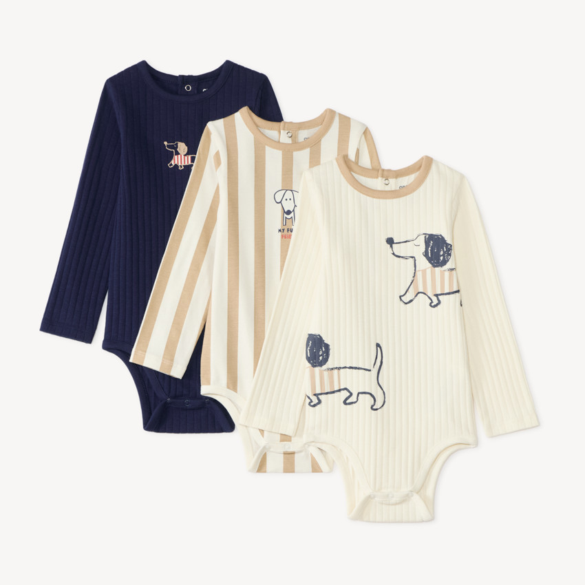Lot de 3 bodies manches longues bébé garçon motif teckel 
