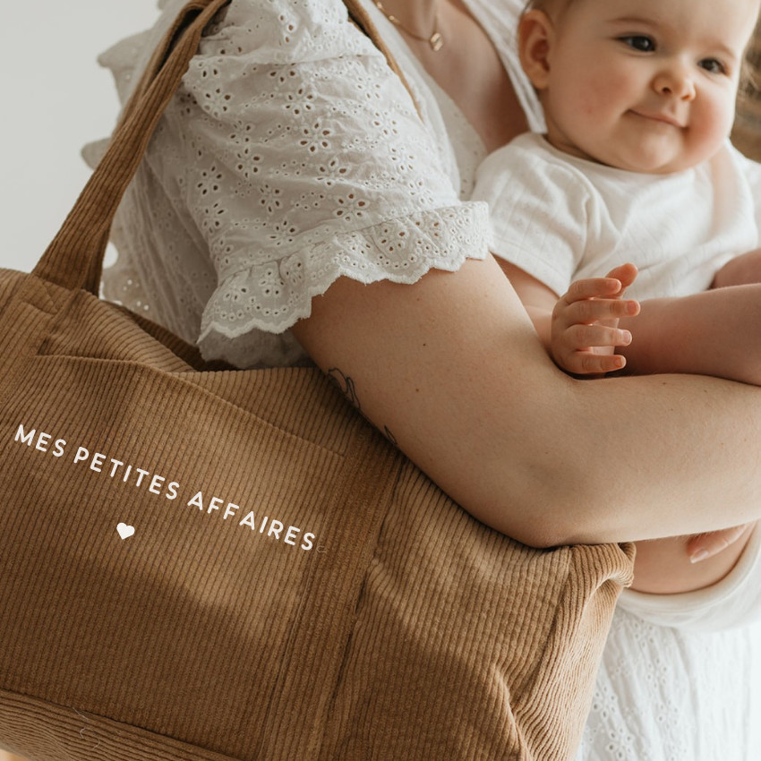 Sac de voyage en velours côtelé "Mes petites affaires" marron clair 