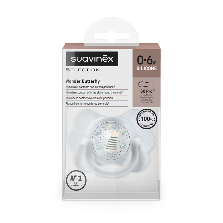 Sucette physiologique en silicone SX PRO Wonderland Butterfly 0-6M décorée en bleu 