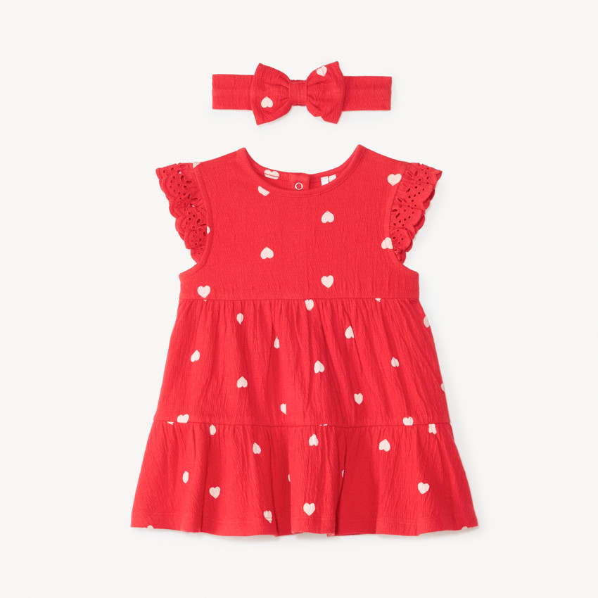 Ensemble robe manches courtes + bandeau imprimé cœurs pour bébé fille 
