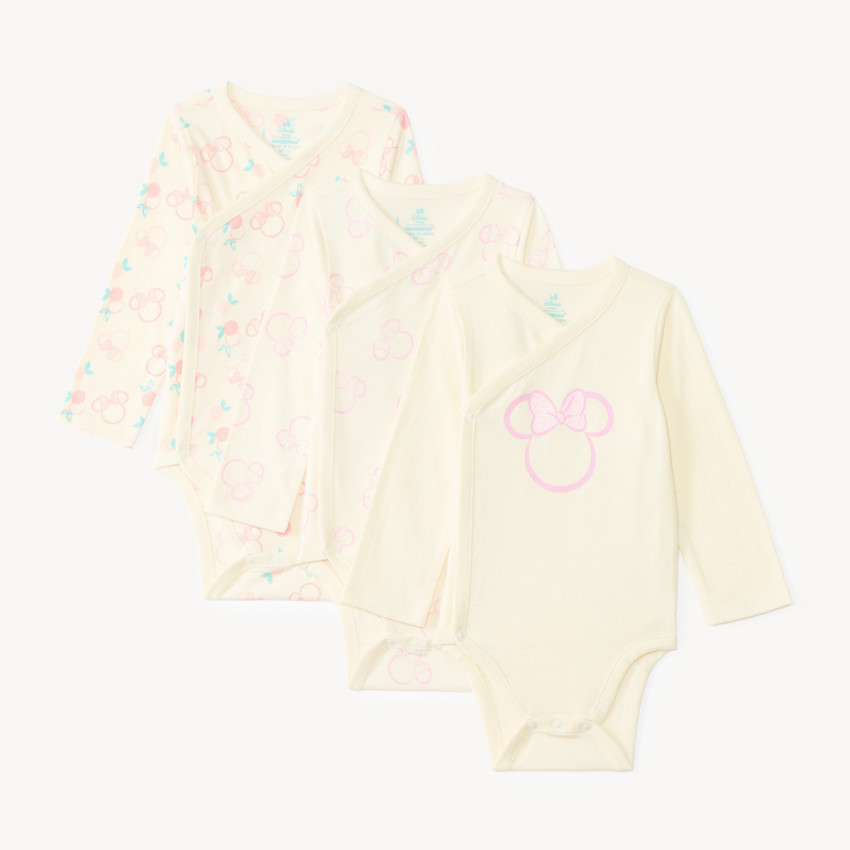 Lot de 3 bodies manches longues Minnie Disney pour bébé fille (ouvertures différentes selon l'âge)