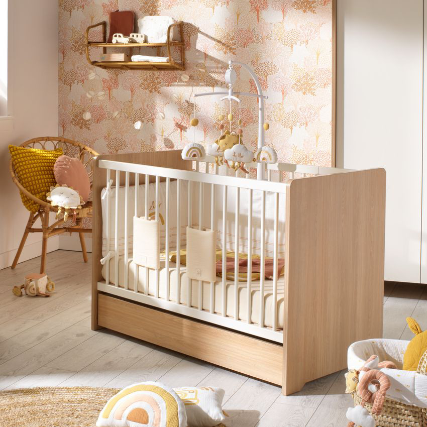 Lit bébé 120 x 60 cm Vanille aspect chêne miel/meringue 
