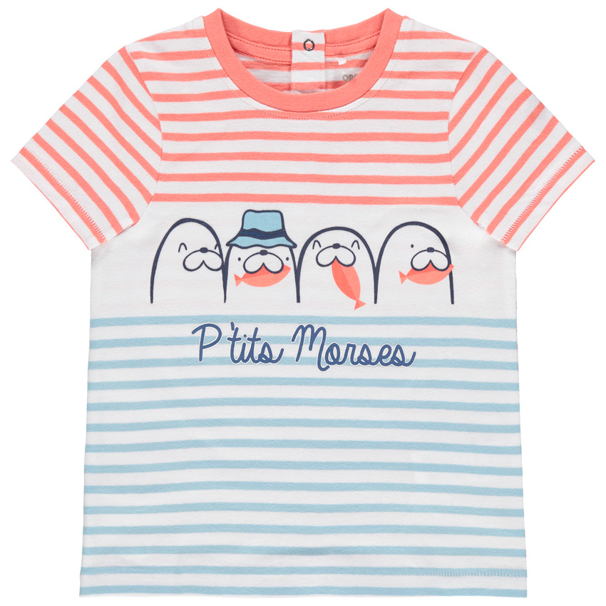 T-shirt manches courtes en coton bio à rayures et morses printés 
