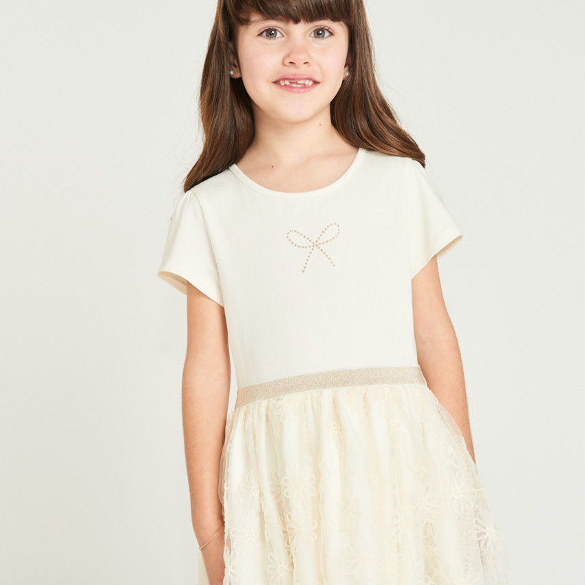 Robe manches courtes effet 2 en 1 en tulle brodé pour fille 