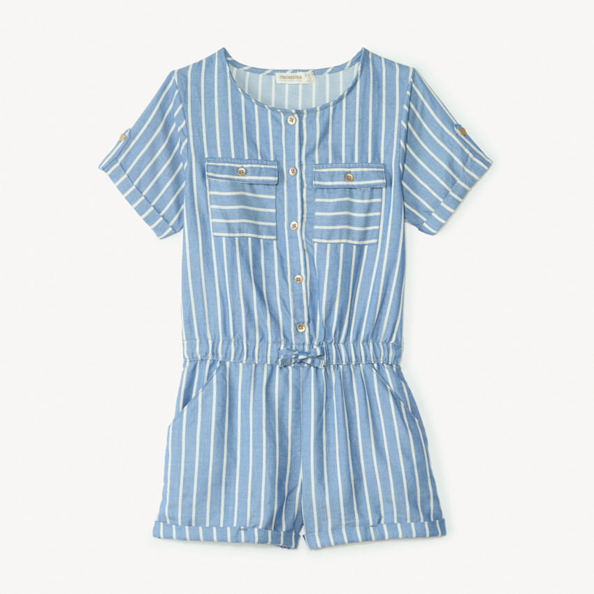 Combishort en denim à rayures blanches pour fille