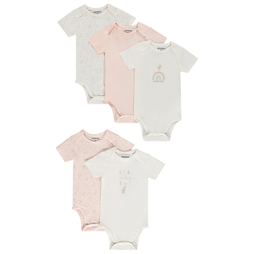 Lot de 5 bodies manches courtes lapin pour bébé fille avec ouvertures différentes selon l&#39;âge