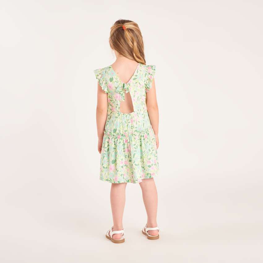 Robe manches courtes imprimé fleurie avec ouverture dans le dos pour fille 