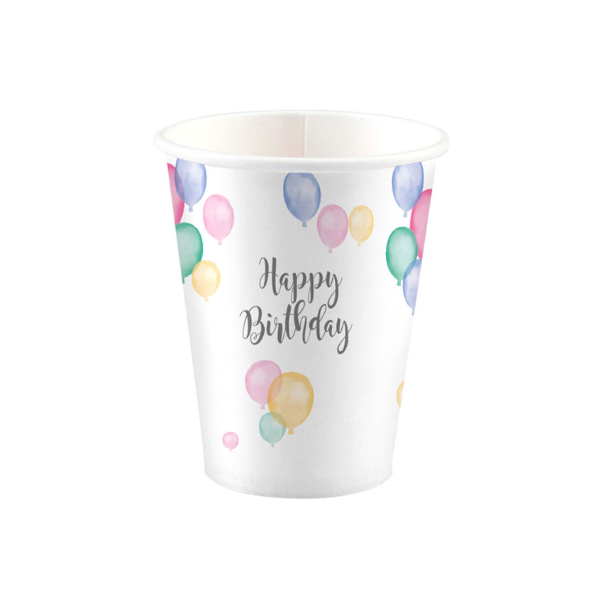 Lot de 8 gobelets jetables Happy Birthday pastel 250 ml 