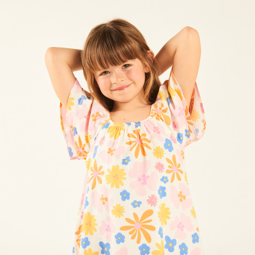 Robe manches courtes en sergé imprimée fleurs pour fille 
