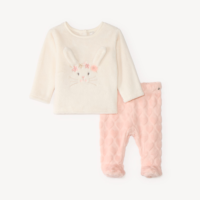 Pyjama bébé fille en velours avec lapin et fleurs brodés