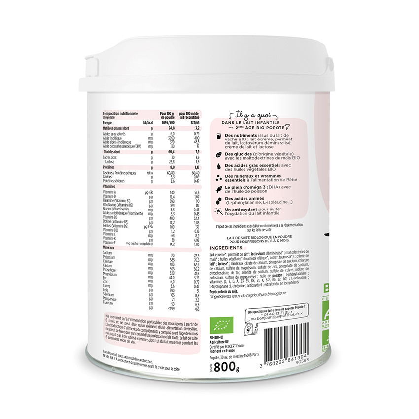 Lait en poudre 2ème âge bio 800 g 