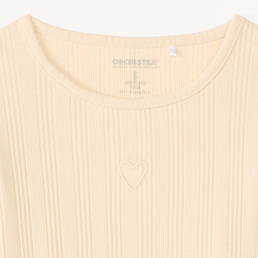T-shirt manches longues fille maille côtelée broderie cœur 