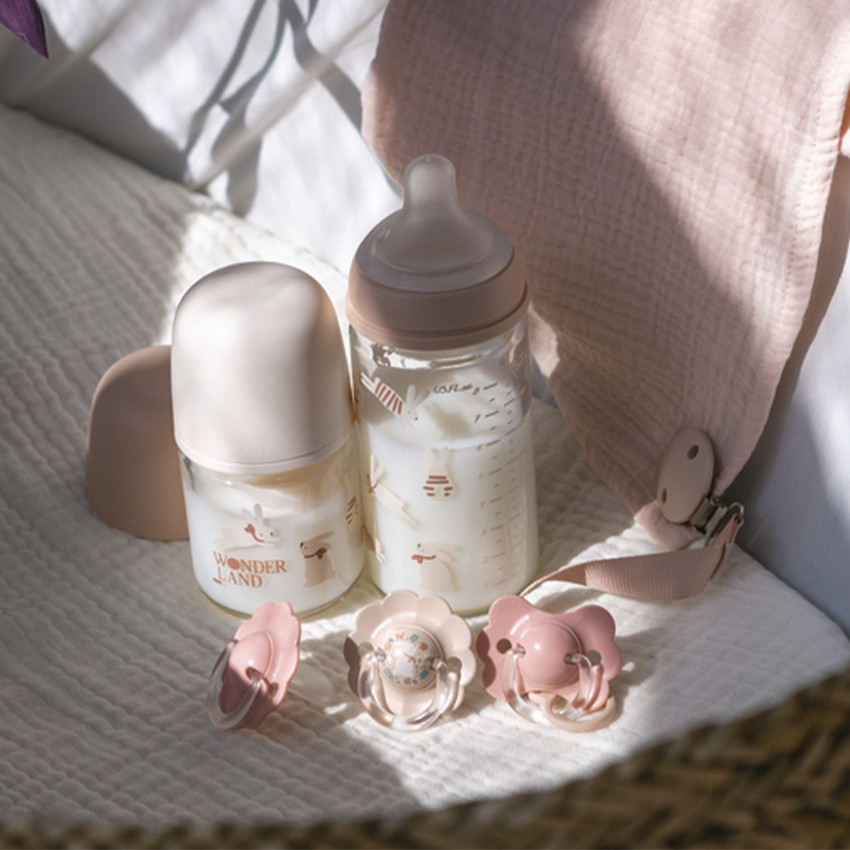 Biberon en verre avec tétine physiologique SX Pro S 120ml Wonderland lapins roses 