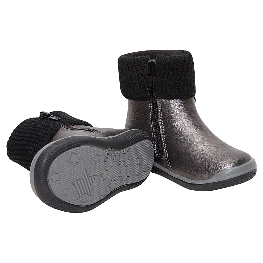 Bottines argentées avec patch fleur et col en tricot 