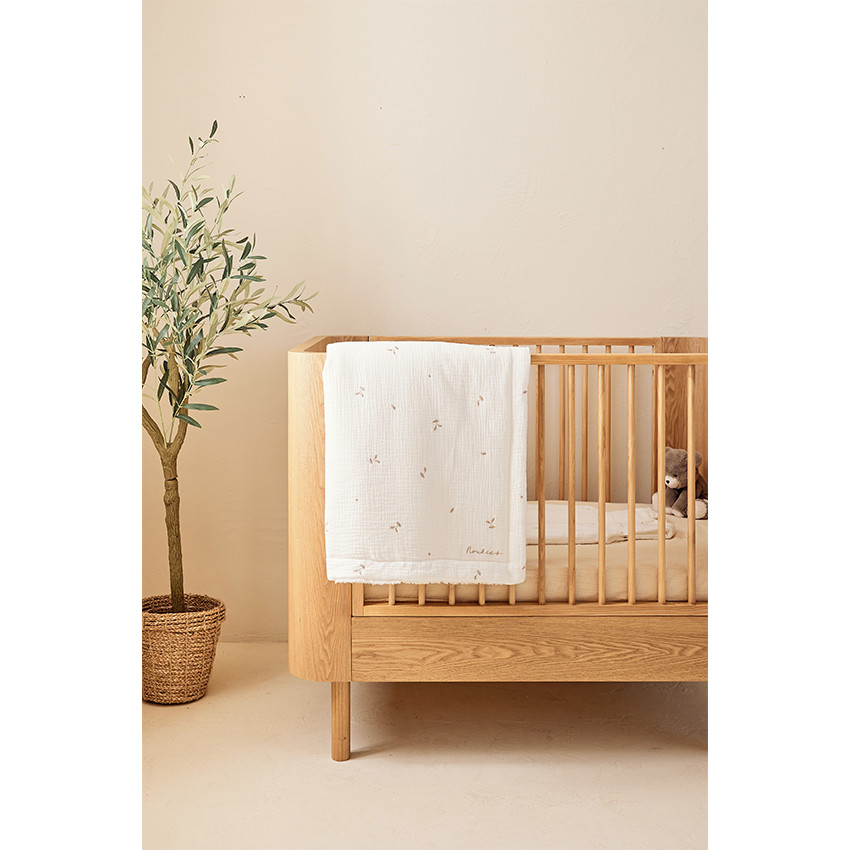 Couverture brodée feuille 100x140 Mousseline & Sherpa Blanc 