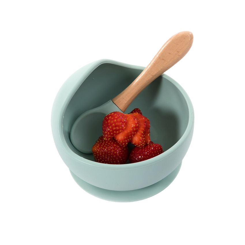 Bol en silicone avec ventouse + cuillère en bois - Bleu 