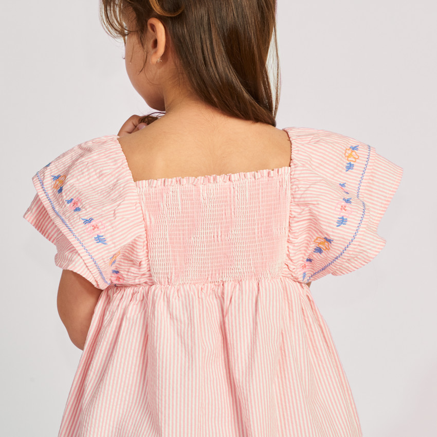 Robe manches courtes rayée et brodée pour fille 