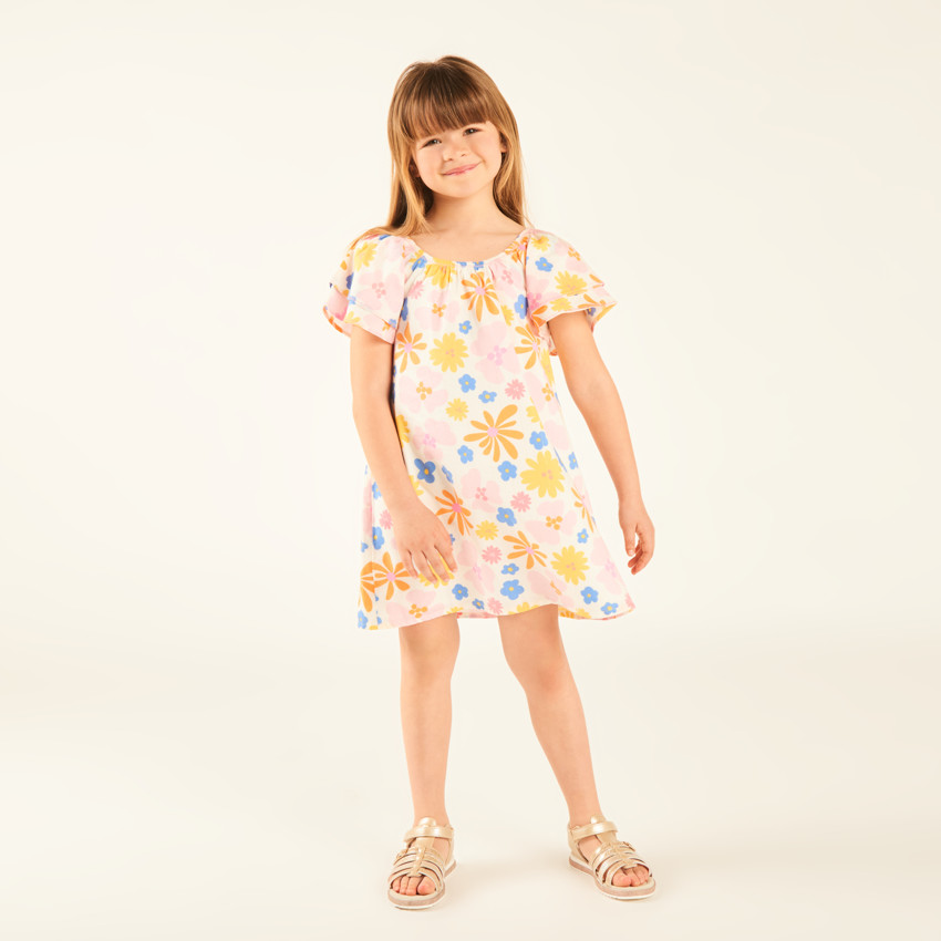 Robe manches courtes en sergé imprimée fleurs pour fille