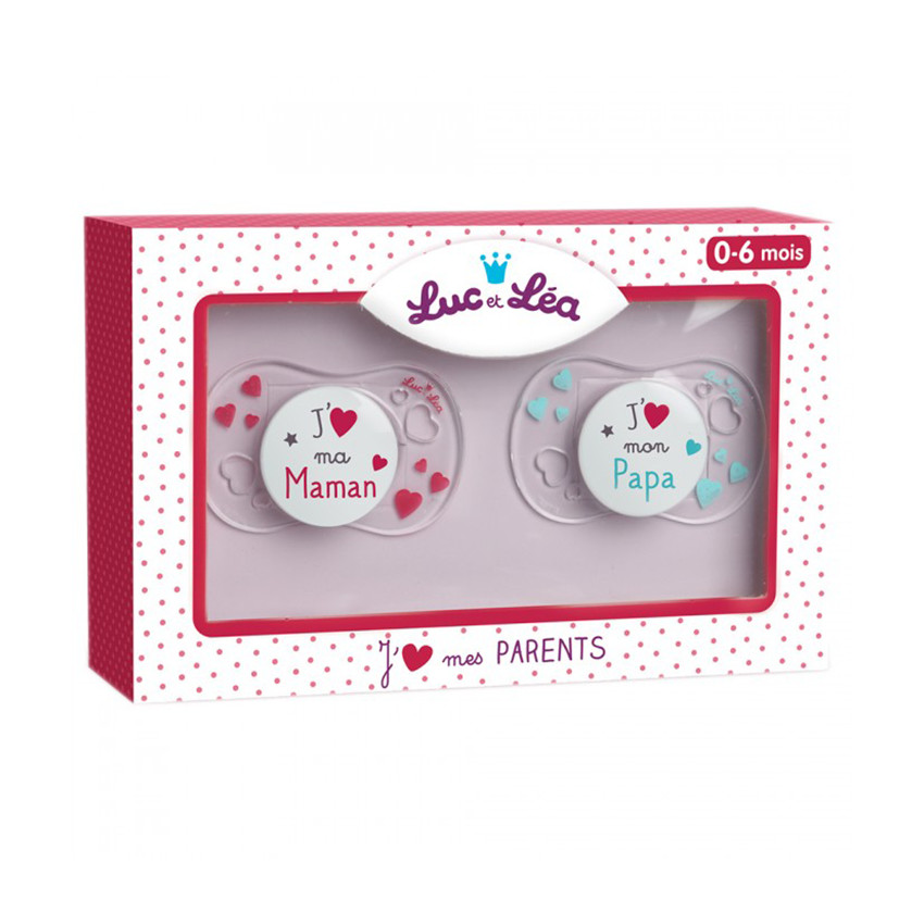 Coffret de 2 sucettes J'aime mes Parents - 0-6 mois 