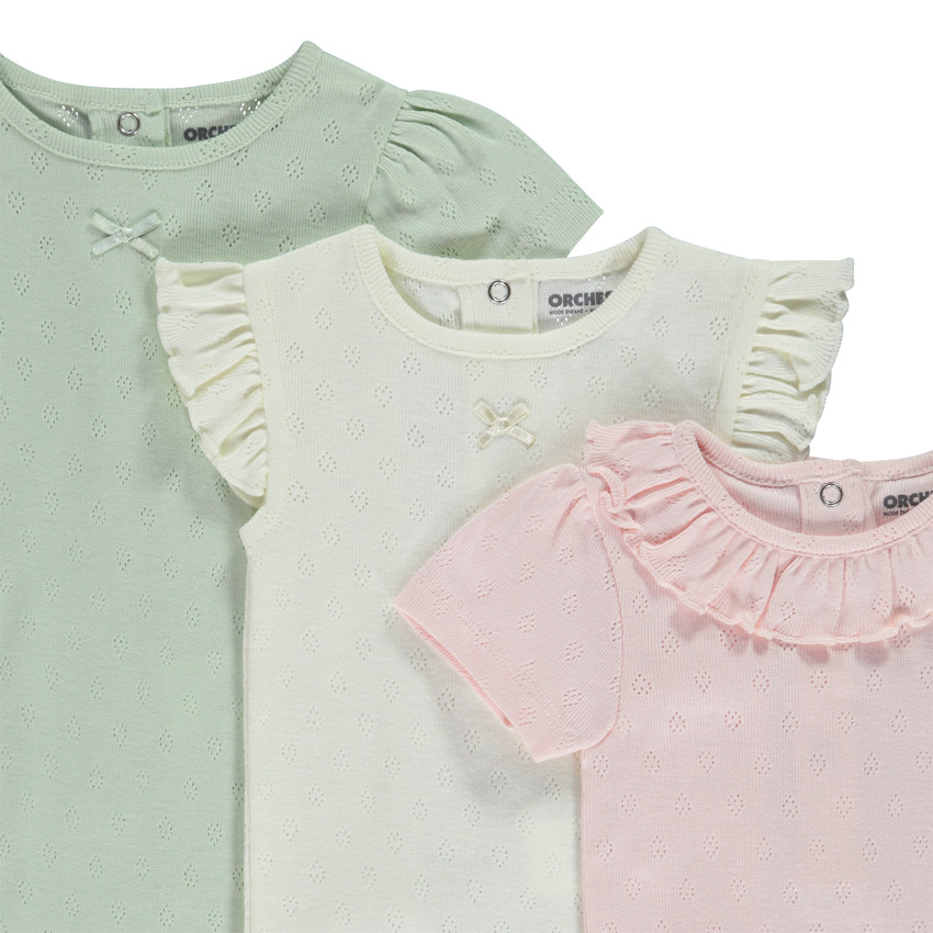 Lot de 3 bodies manches courtes en maille pointel pour bébé fille 
