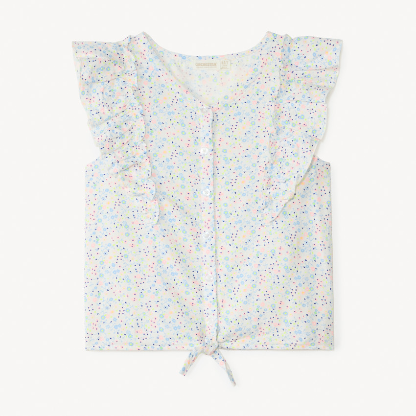 Chemise manches courtes à gros volant imprimé fleuri pour fille 