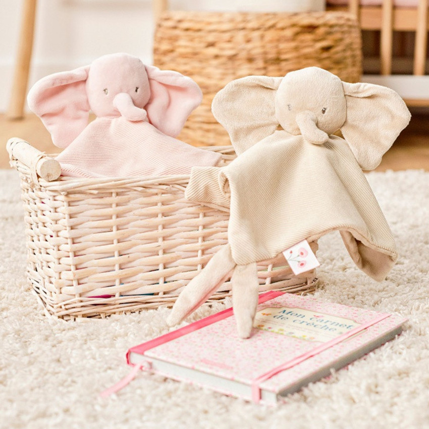 Doudou éléphant - Fanfan - Velours côtelé - Rose - 27x27 cm  