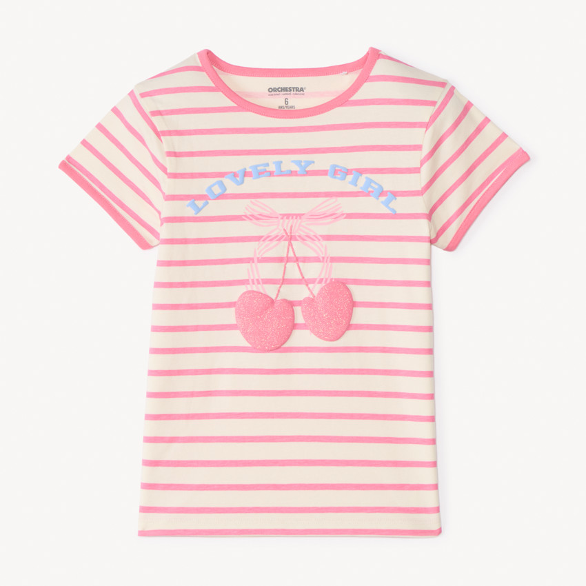 T-shirt manches courtes à rayures avec print cerise pour fille 
