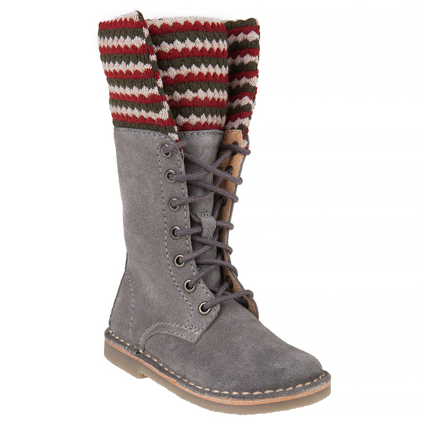 Bottes grises en cuir avec lacets et col tricot 