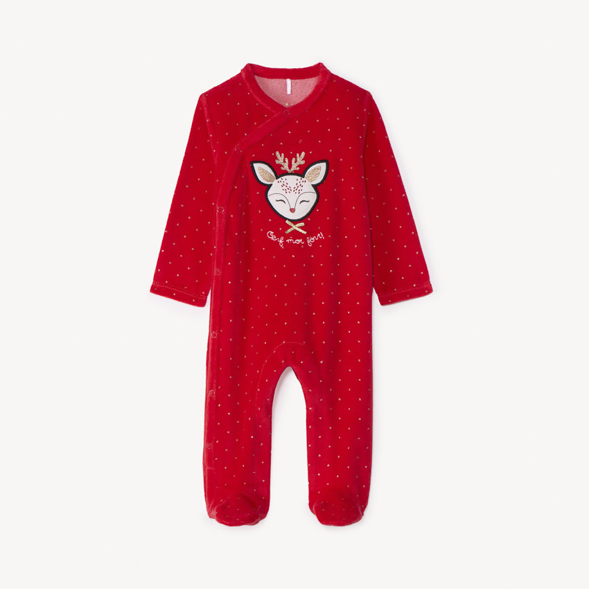 Dors-bien en velours avec patch brodé cerf et imprimé pois pour bébé fille 