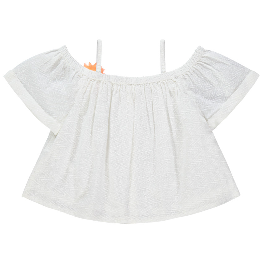 Top court en maille fantaisie avec fleur orange pour fille 