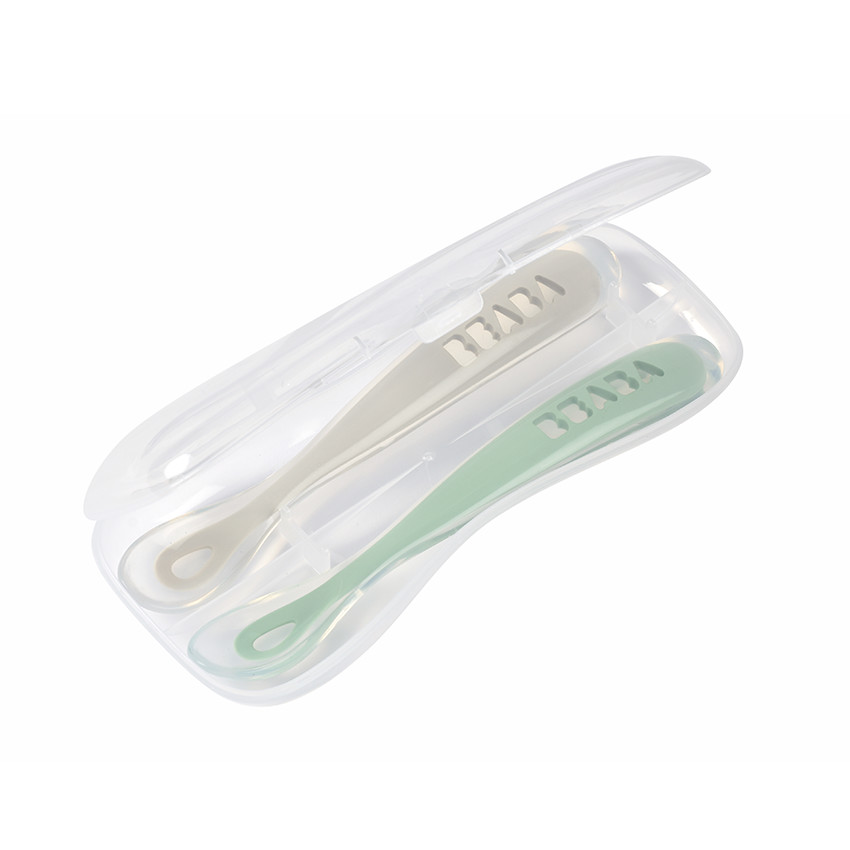 Set de 2 cuillères 1er âge en silicone - Grey/Sage Green - Vert d'eau (Béaba) - Image 1
