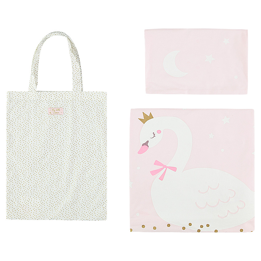 Parure housse de couette + taie d'oreiller motif cygne + sac  