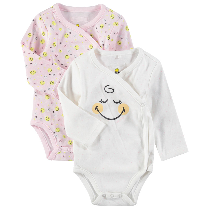 Lot de 2 bodies manches longues en coton bio imprimés Smiley Baby