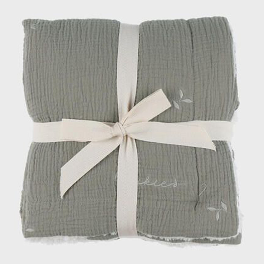 Couverture mousseline brodé feuille 75x100cm Sherpa Kaki 